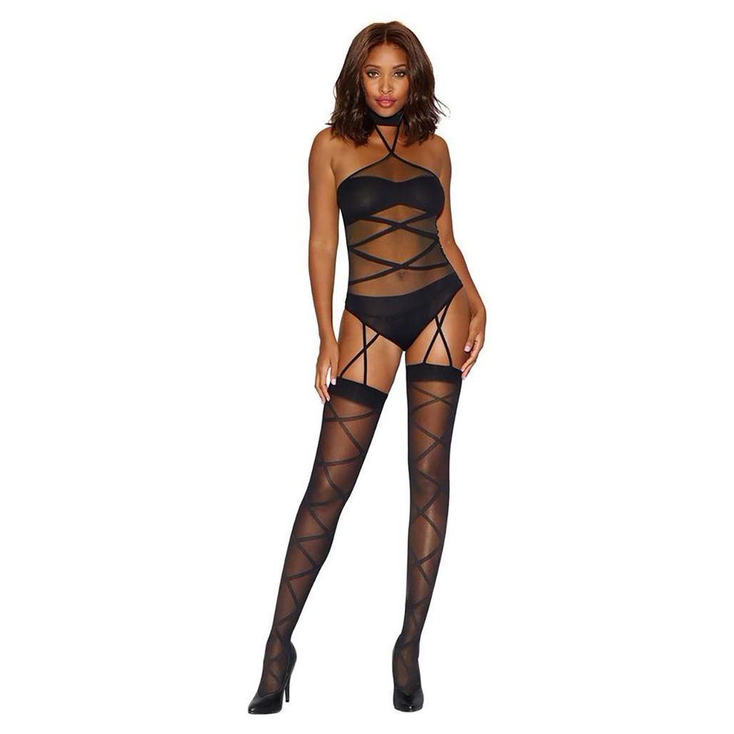 Bodystocking Dreamgirl Criss-Cross Negru