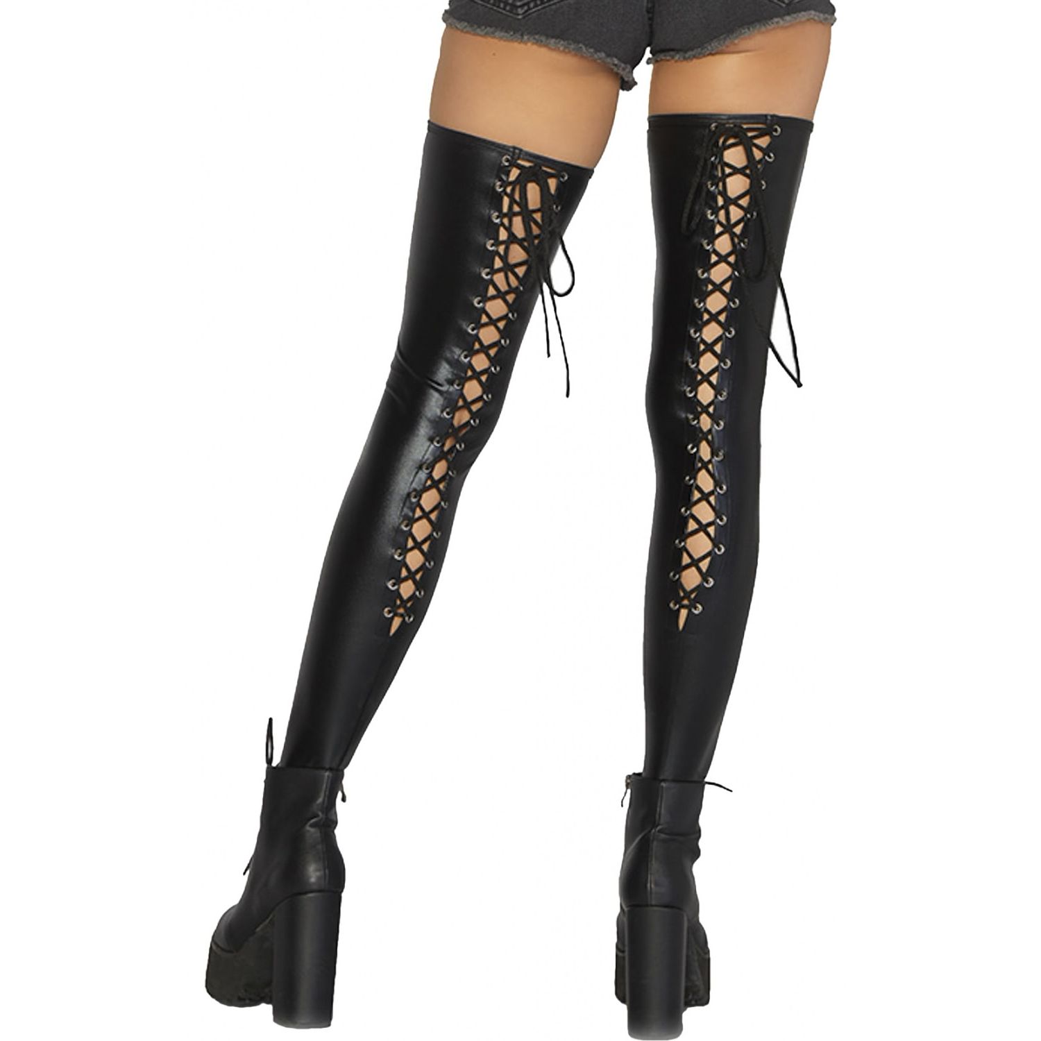 Dresuri Leg Avenue Wetlook Lace Up Thigh Highs Negru