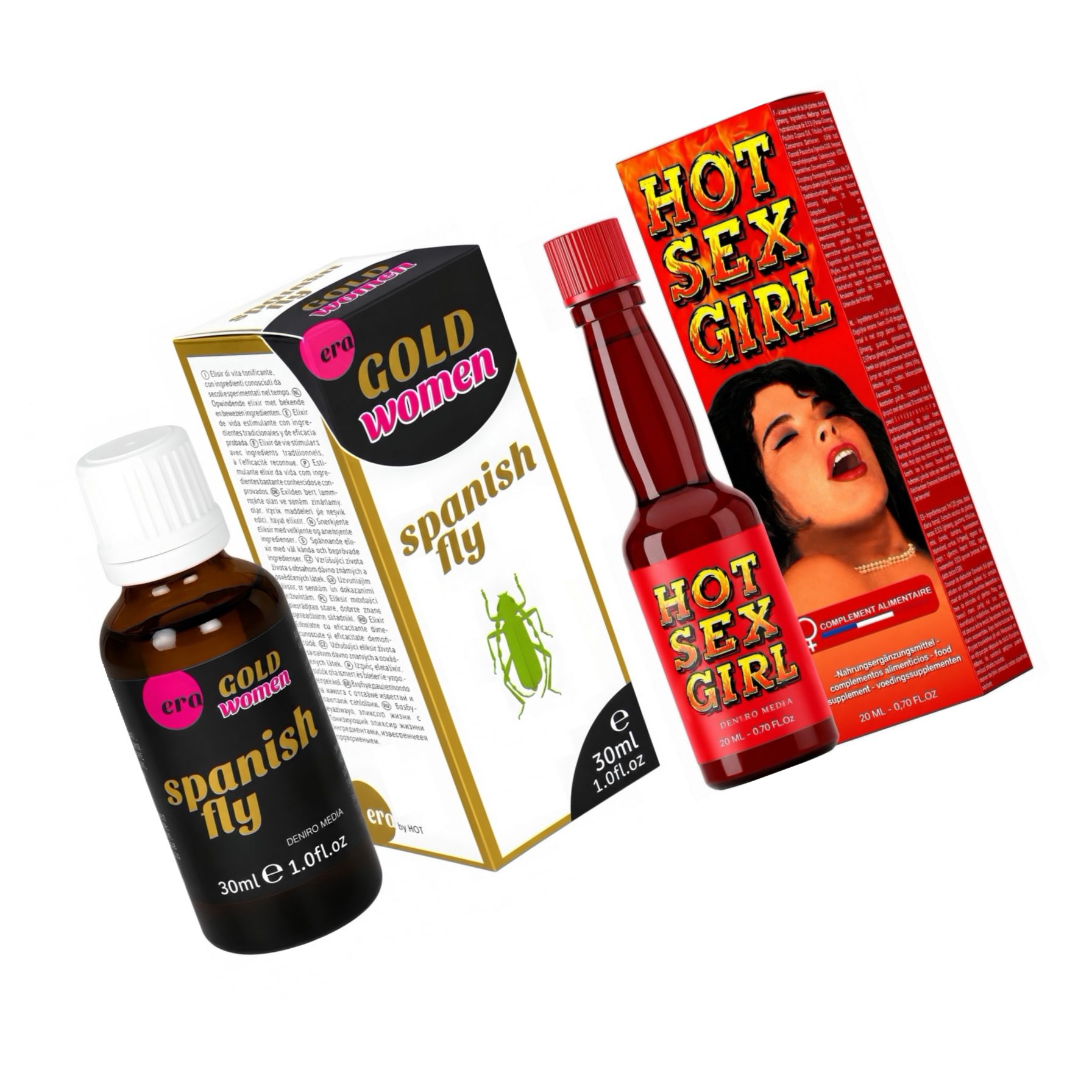 Pachet Afrodisiac Hot Sex Girl 20ml + Afrodisiac Spanish Fly Strong Gold Women 30ml