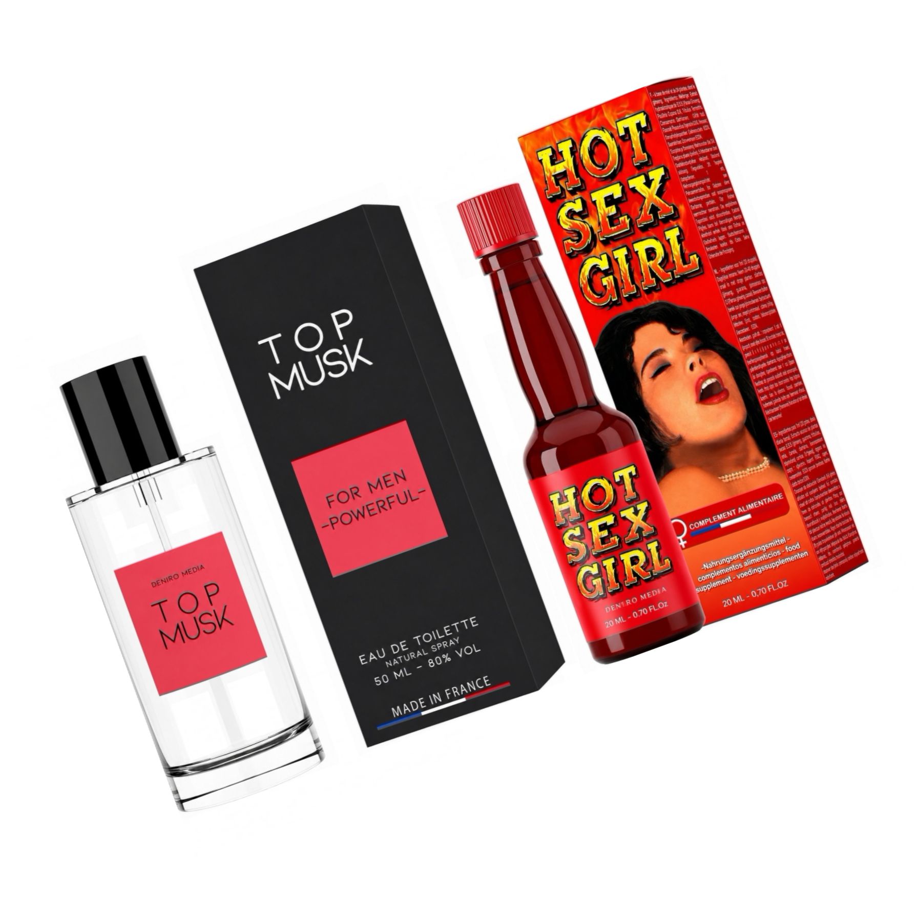 Pachet Afrodisiac Hot Sex Girl 20ml + Parfum Feromoni Top Musk 75ml