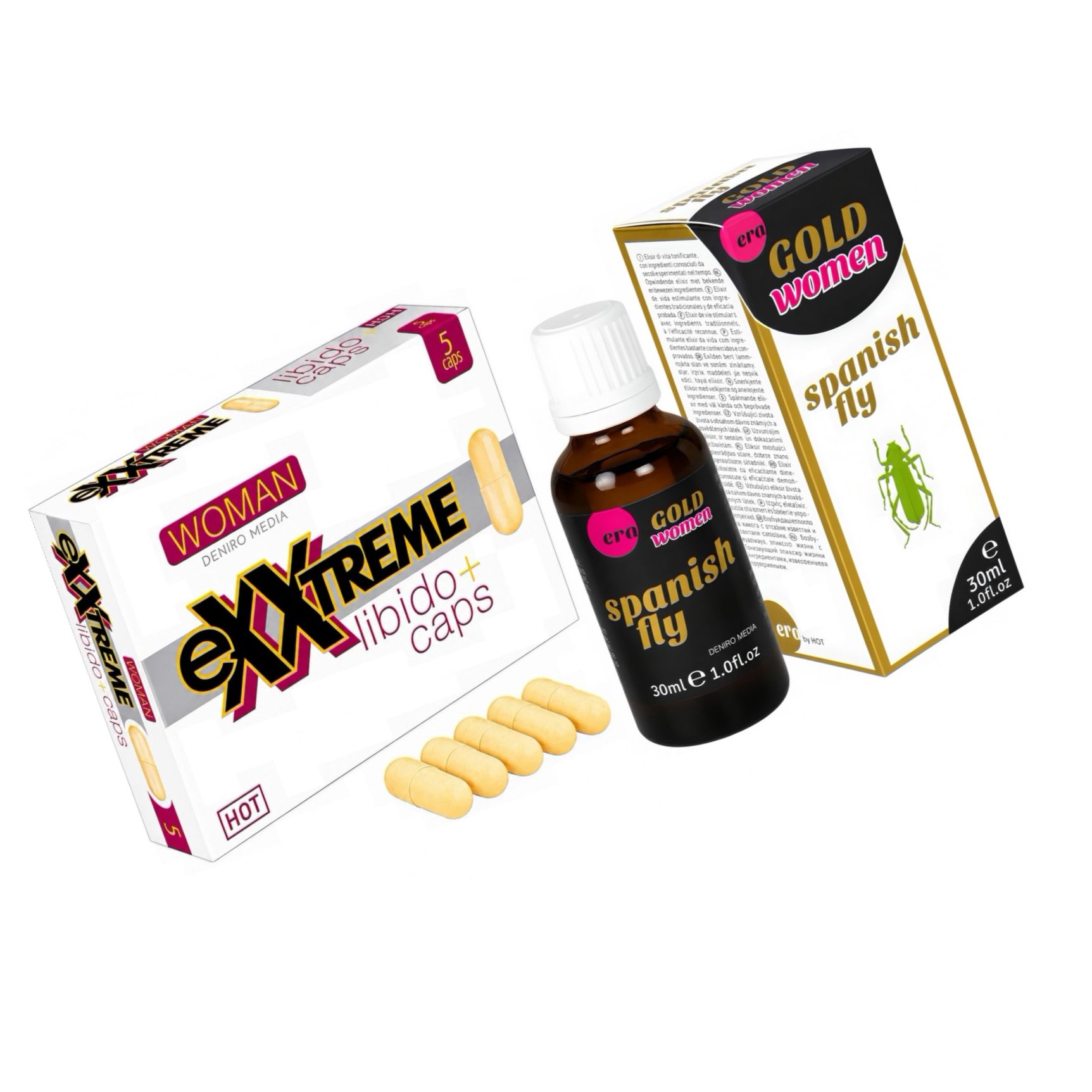 Pachet Capsule Femei eXXtreme Libido Afrodisiac + Afrodisiac Spanish Fly Strong Gold Women 30ml