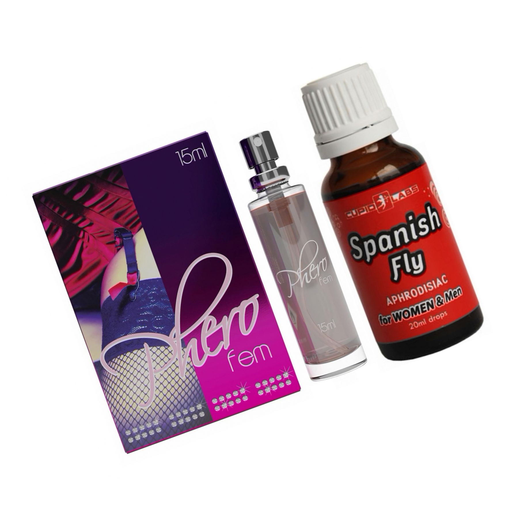 Pachet Parfum Feromoni PheroFem 15ml + Picături Afrodisiace Spanish Fly 20ml