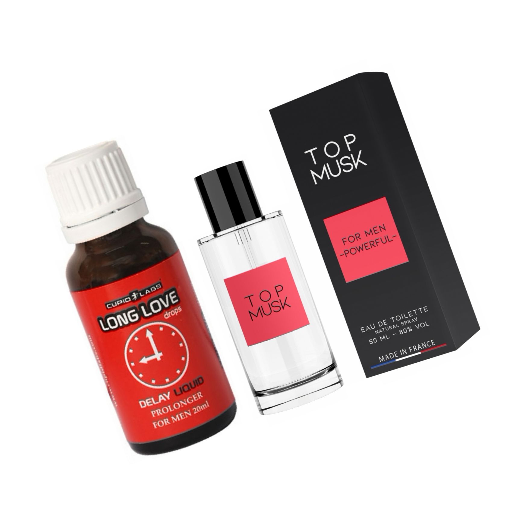 Pachet Picături Ejaculare Precoce Long Love 20ml + Parfum Feromoni Top Musk 75ml