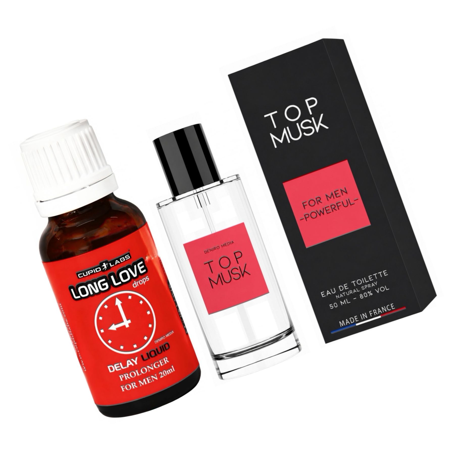 Pachet Picături Ejaculare Precoce Long Love 20ml + Parfum Feromoni Top Musk 75ml