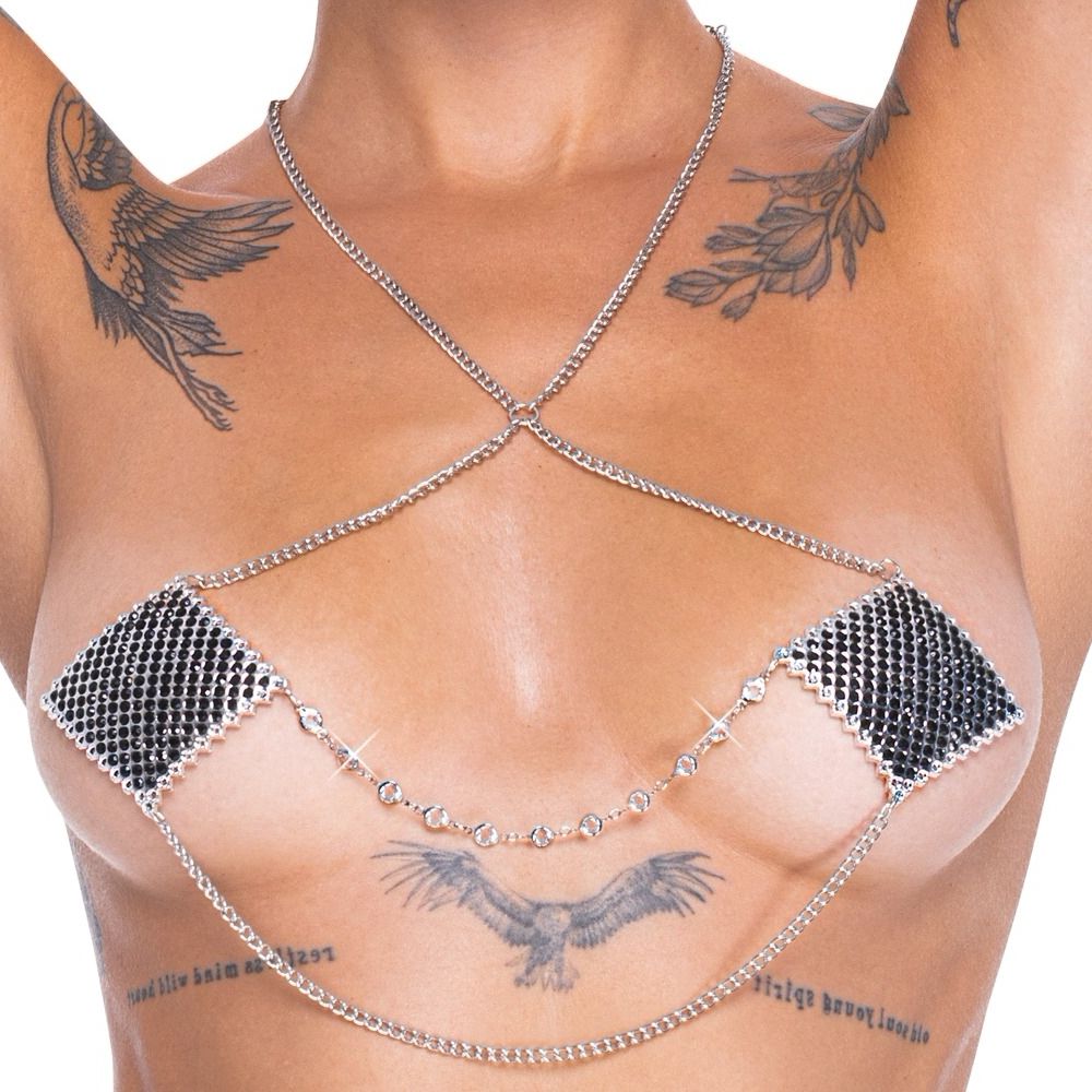 Stickere Sâni Pătrate Argintii cu Lanț și Cristale Argintiu